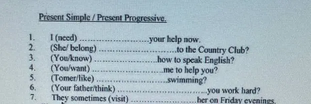 Помоги заполнить пропуски в предложениях, используя Present Simple или Present Progressive