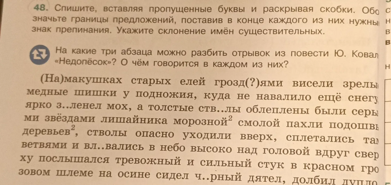 Ты просишь списать текст, вставляя пропущенные буквы и раскрывая скобки, обозначить границы предложений и указать склонение имён существительных.