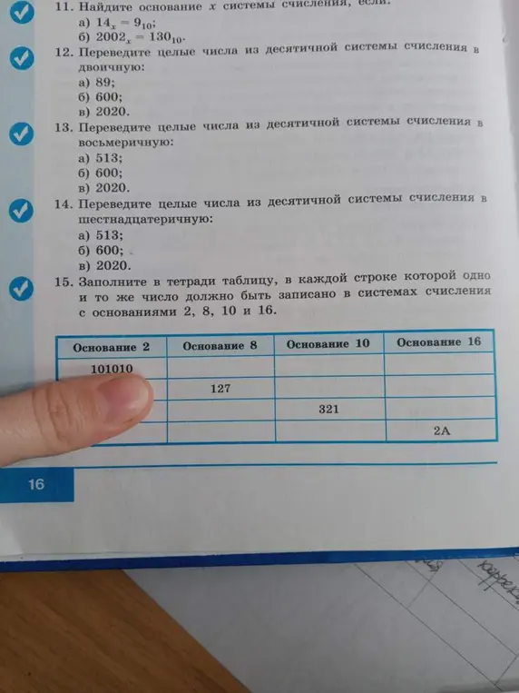 Можешь ли ты помочь мне заполнить таблицу, в каждой строке которой одно и то же число должно быть записано в системах счисления с основаниями 2, 8, 10 и 16, где даны числа 101010, 127, 321 и 2А?