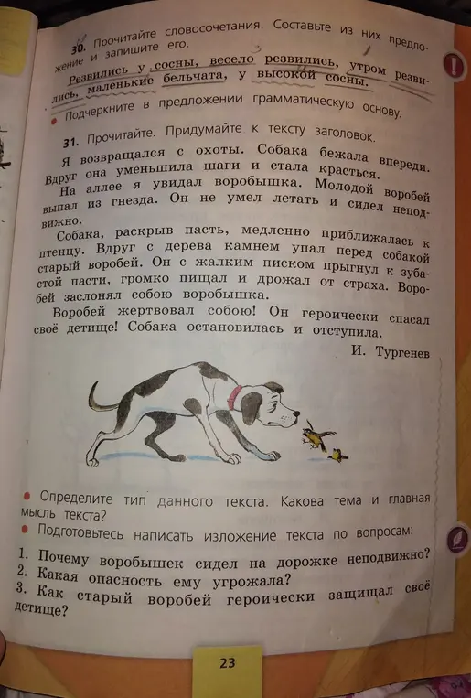 Составь предложения из словосочетаний и подчеркни в предложении грамматическую основу. Определи тип текста, тему и главную мысль текста. Подготовься написать изложение текста по вопросам.