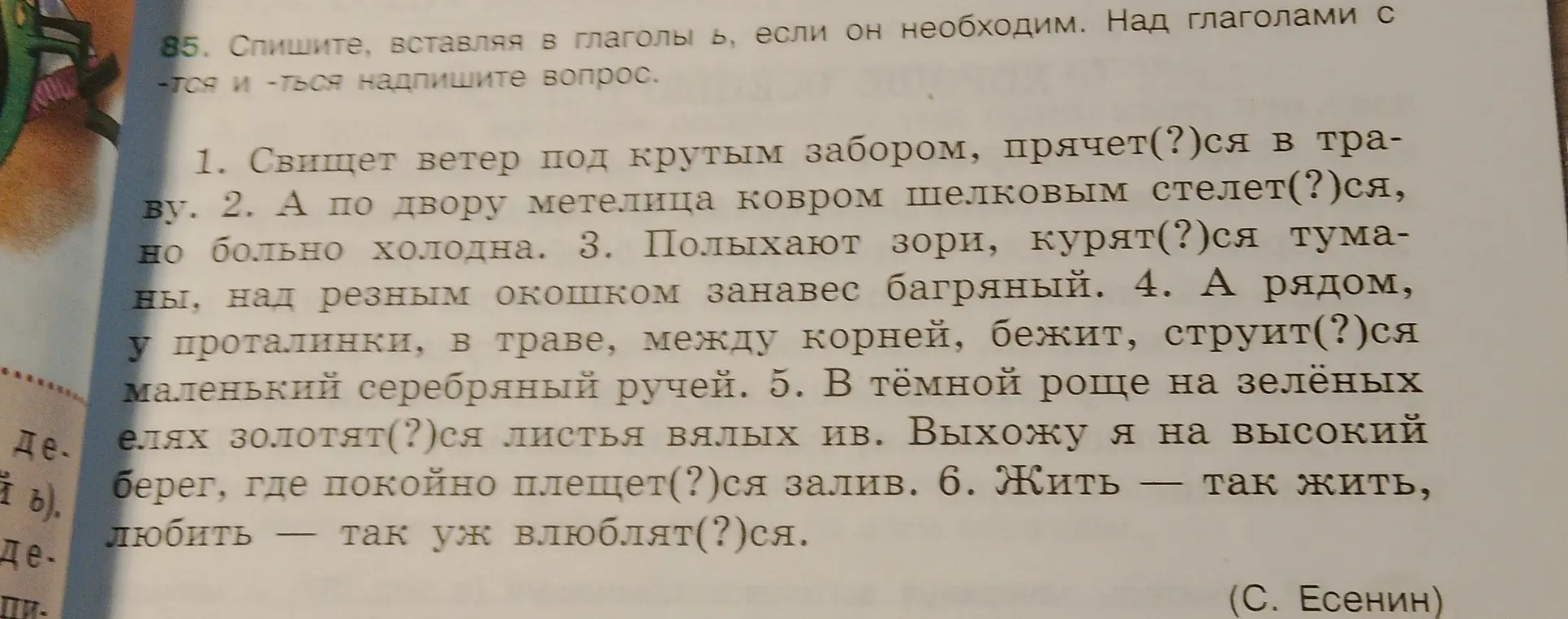 В упражнении №85 нужно списать предложения, вставляя в глаголы Ь, если он необходим и над глаголами с -тся и -ться написать вопрос