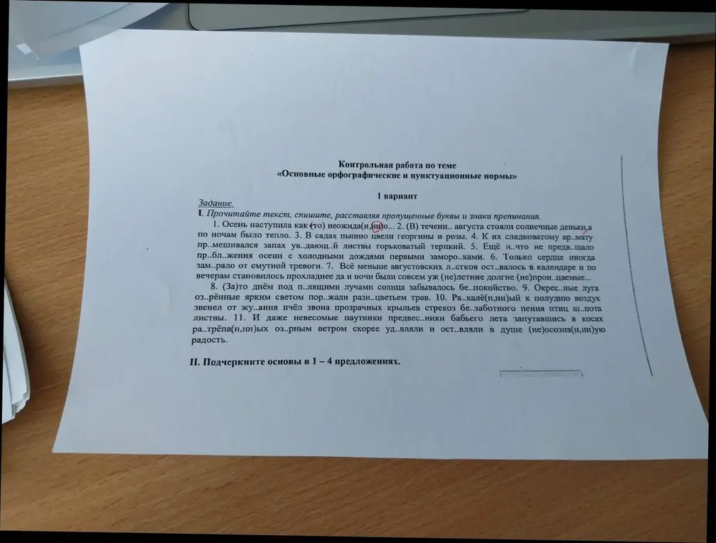 Ты просишь прочитать текст, вставить пропущенные буквы и знаки препинания и подчеркнуть основы в 1-4 предложениях.