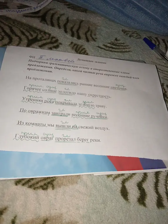 Подчеркни грамматическую основу и второстепенные члены предложения в предложении 'На проталинах показались ранние весенние цветочки' и определи, какой частью речи выражен каждый член предложения