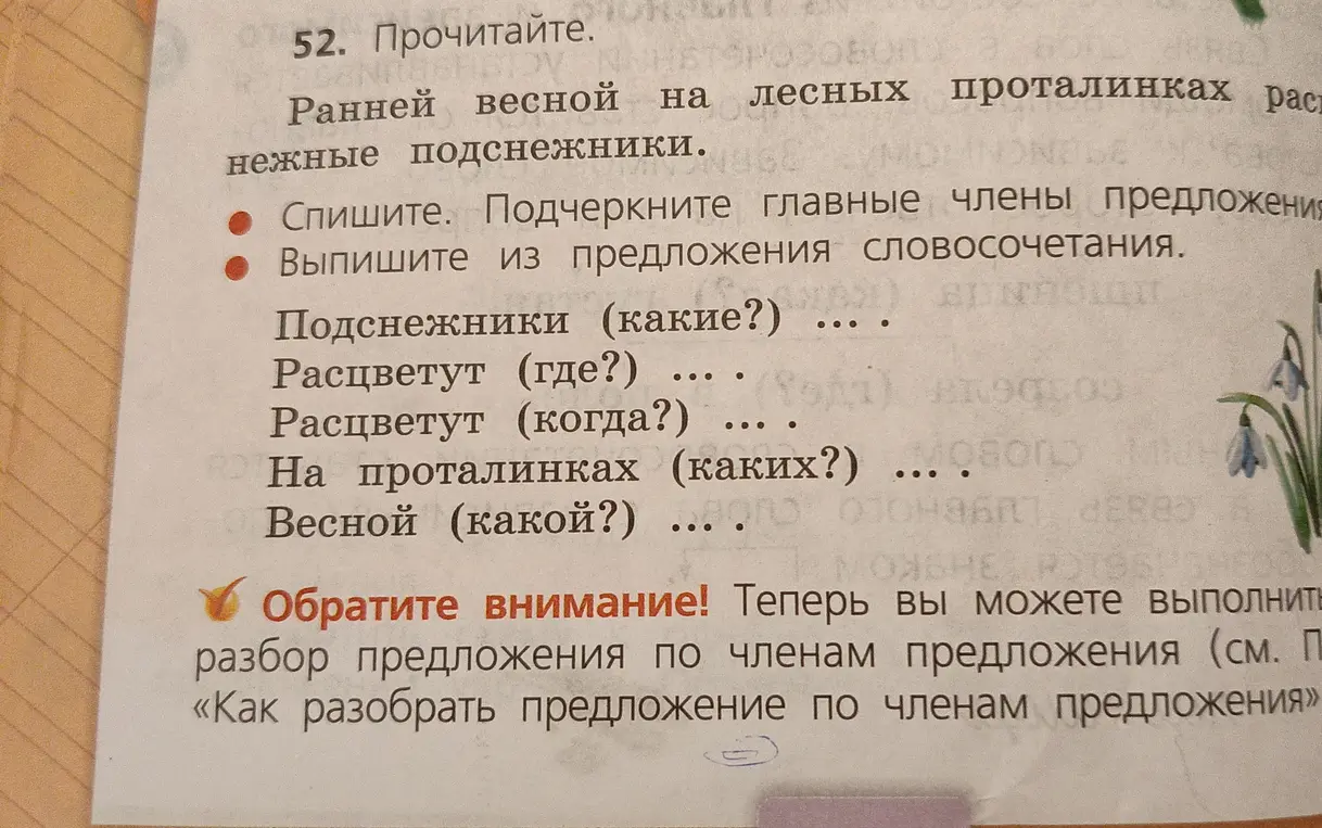 Выполни задание: подчеркни главные члены предложения и выпиши из предложения словосочетания