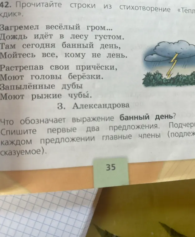 Что ты подразумеваешь под выражением "банный день"? Спиши первые два предложения и подчеркни главные члены в каждом предложении (подлежащее и сказуемое).