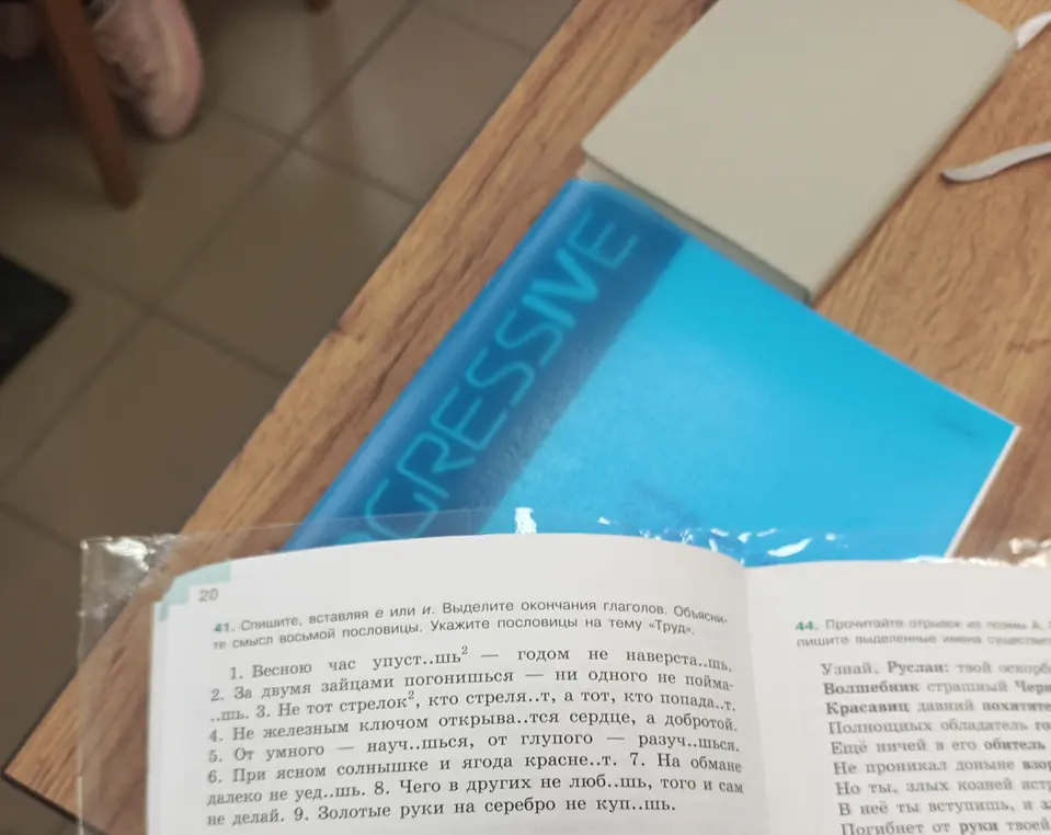 В задании 41 требуется вставить пропущенные буквы е или и в окончания глаголов в пословицах.