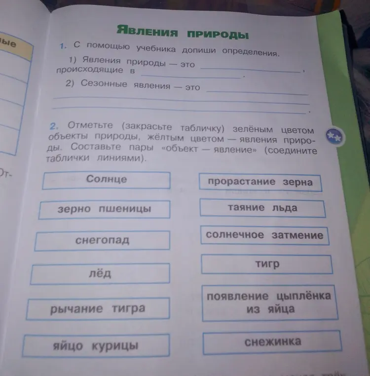 Ты просишь с помощью учебника дописать определения явлений природы и сезонных явлений, а также отметить объекты и явления природы.