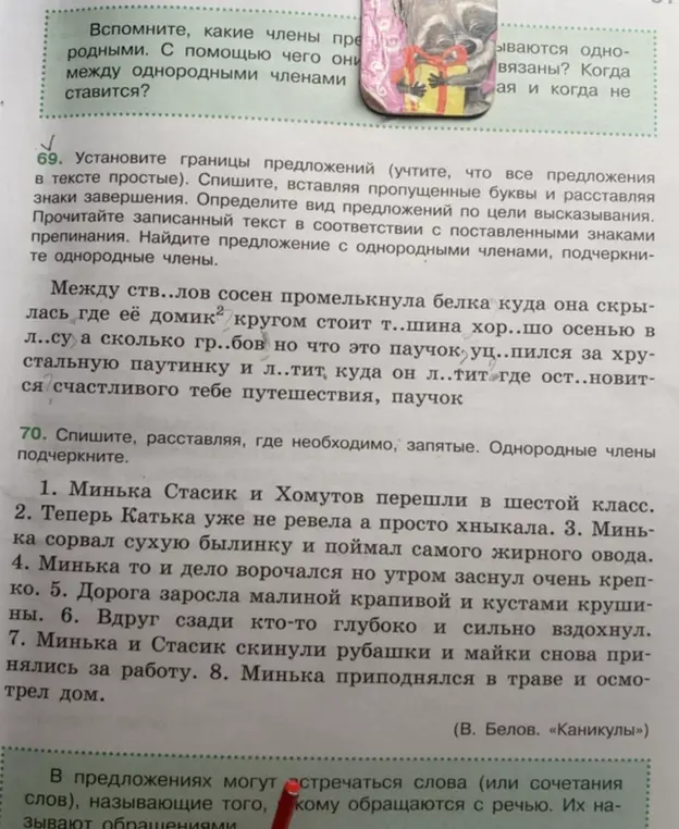 Выполни задание: в упражнении 69 восстанови текст, расставь знаки препинания, определи вид предложений и подчеркни однородные члены; в упражнении 70 расставь запятые и подчеркни однородные члены.