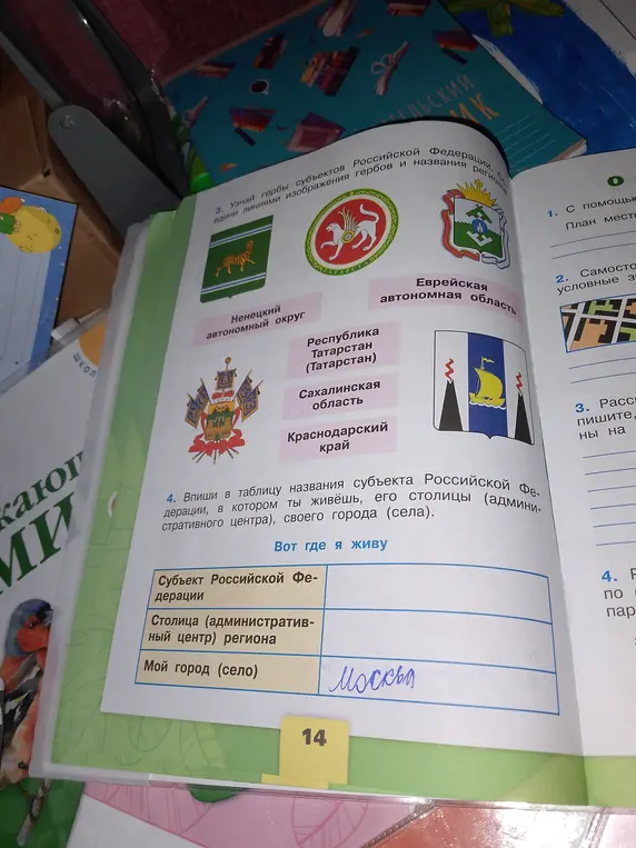 Впиши в таблицу названия субъекта Российской Федерации, в котором ты живёшь, его столицы (административного центра), своего города (села).