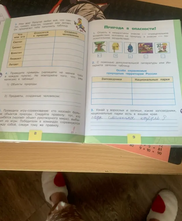 Предлагаешь заполнить таблицу про явления природы, привести примеры объектов природы и созданных человеком.