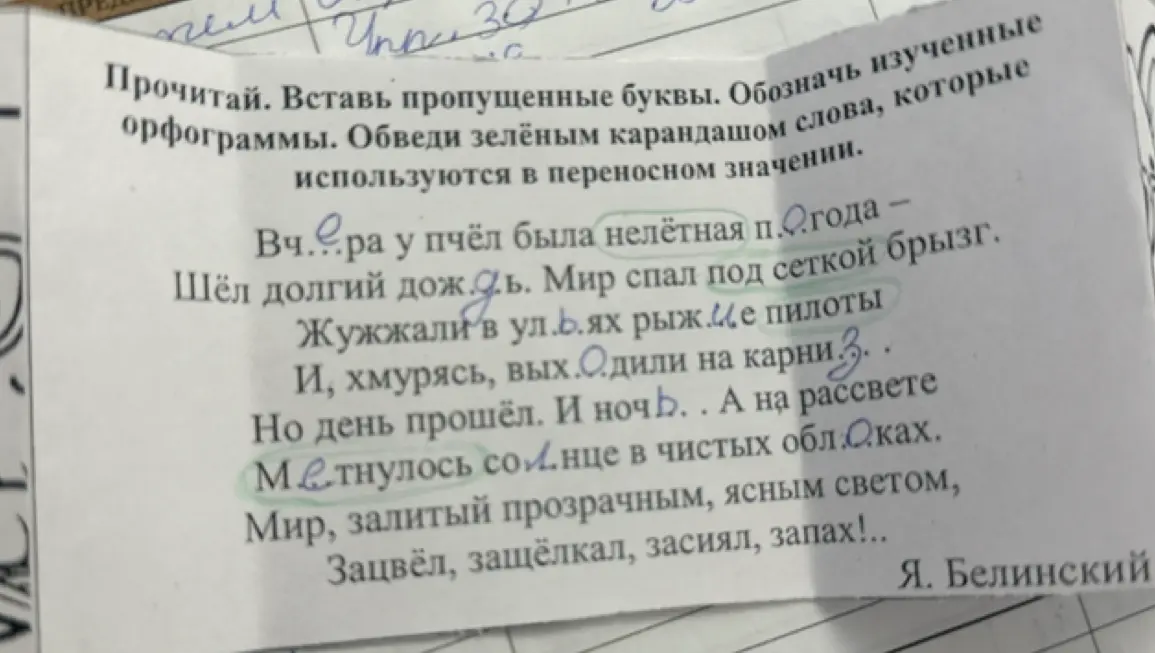 Вставь пропущенные буквы в тексте и обозначь слова, которые используются в переносном значении в первом предложении.