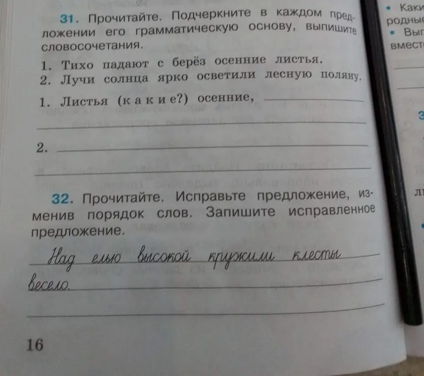Выполни упражнение: в каждом предложении подчеркни грамматическую основу и выпиши словосочетания