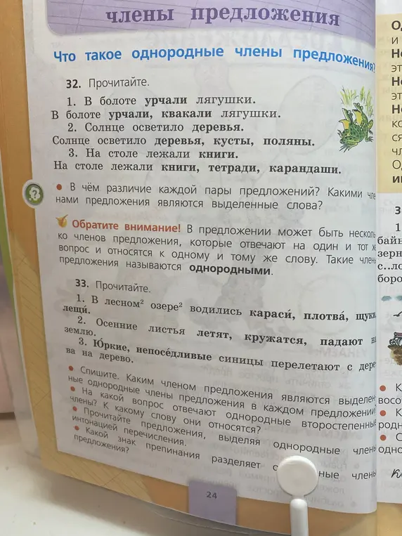 В чём различие каждой пары предложений в номере 32? Какими членами предложения являются выделенные слова?