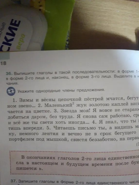 Выпиши глаголы в форме 1-го, 2-го и 3-го лица из предложений и укажи однородные члены предложения в первом предложении