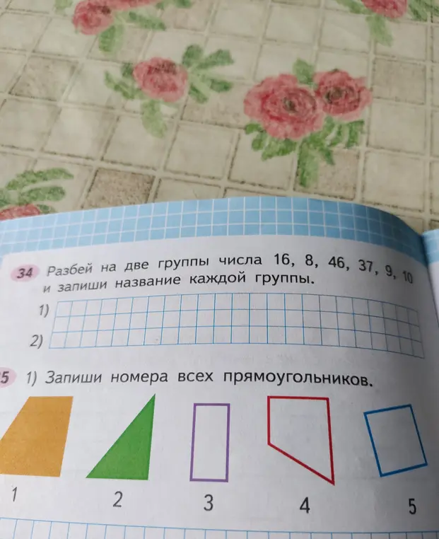 Предложи разбить на две группы числа 16, 8, 46, 37, 9, 10 и записать номера всех прямоугольников.