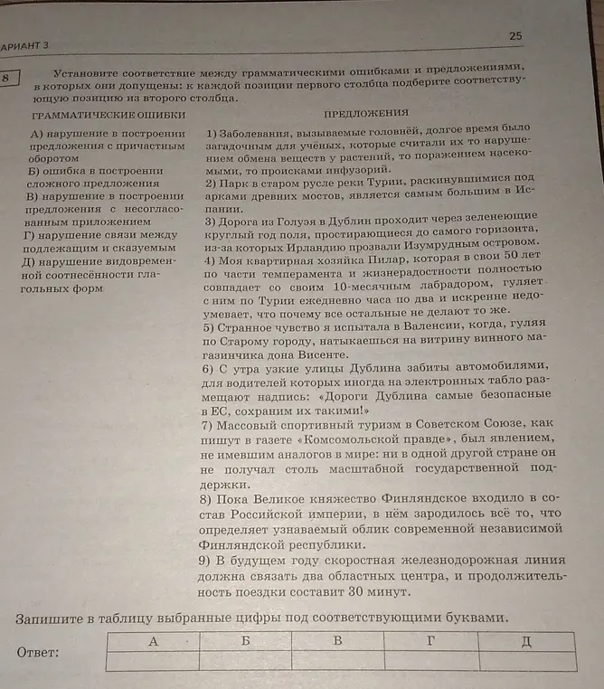 Помоги установить соответствие между грамматическими ошибками и предложениями