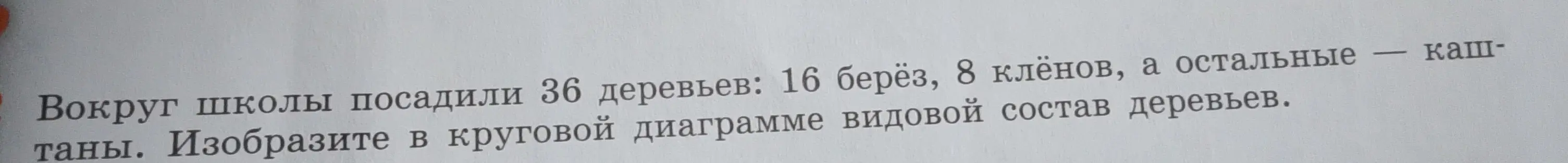 Как изобразить видовой состав деревьев в круговой диаграмме, если вокруг школы посадили 36 деревьев: 16 берёз, 8 клёнов, а остальные — каштаны?