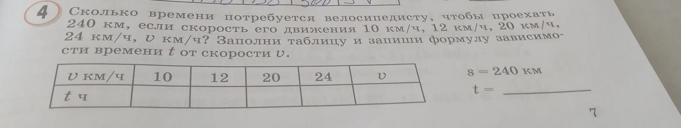 Ты просишь меня рассчитать, сколько времени потребуется велосипедисту, чтобы проехать 240 км, если скорость его движения 10 км/ч, 12 км/ч, 20 км/ч, 24 км/ч, v км/ч и записать формулу зависимости времени t от скорости v.