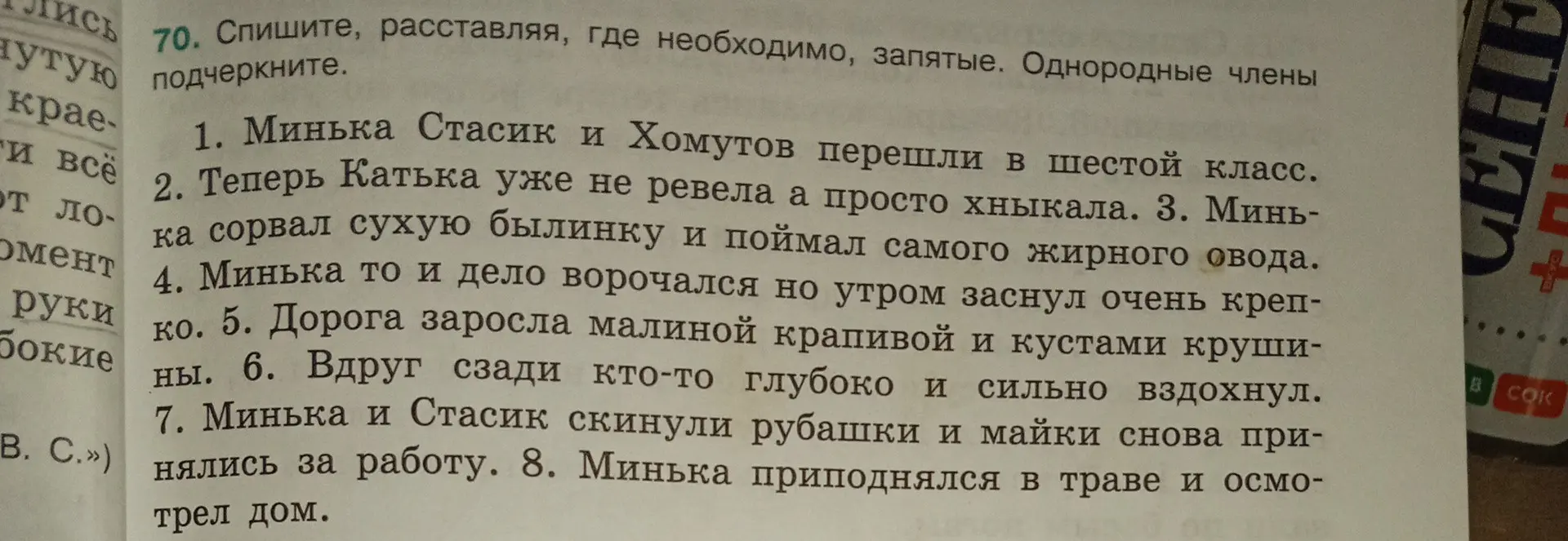 Прочитай предложение "Минька Стасик и Хомутов перешли в шестой класс", расставь, где необходимо, запятые и подчеркни однородные члены