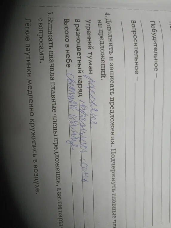 Ты просишь дополнить и записать предложения, подчеркнуть главные члены предложений и выписать сначала главные члены предложения, а затем пары с вопросами.