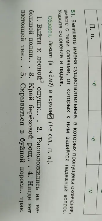 Выпиши имена существительные, в которых пропущены окончания, вместе с теми словами, от которых к ним задаётся падежный вопрос.