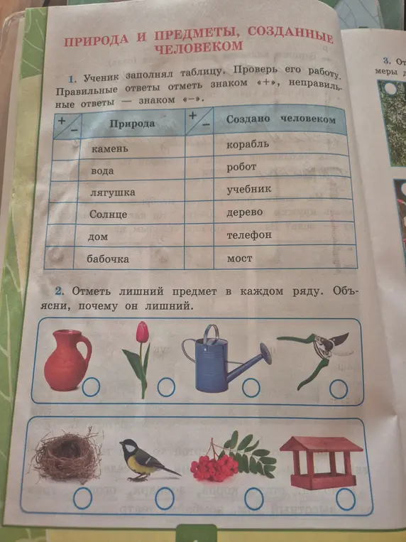 Можешь ли ты проверить таблицу с природными объектами и предметами, созданными человеком, и отметить лишний предмет в каждом ряду?