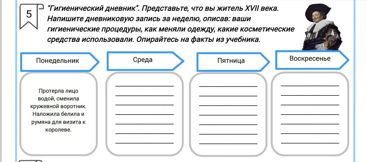 Составь дневниковую запись от лица жителя XVII века, опиши гигиенические процедуры, смену одежды и косметические средства на неделю