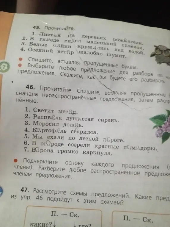 Выполни задание: вставь пропущенные буквы в словах и подчеркни основу каждого предложения из упражнения 46. Разбери распространённое предложение по членам предложения.