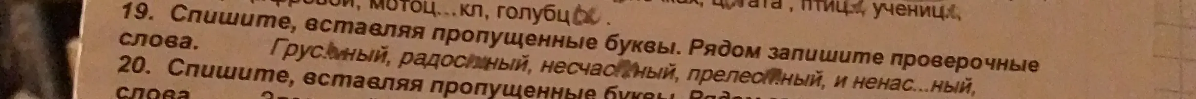 Предложи решение к заданию: Спишите, вставляя пропущенные буквы и запишите проверочные слова для слов: Грусиный, радостный, несчастный, прелестный, и ненас...ный.