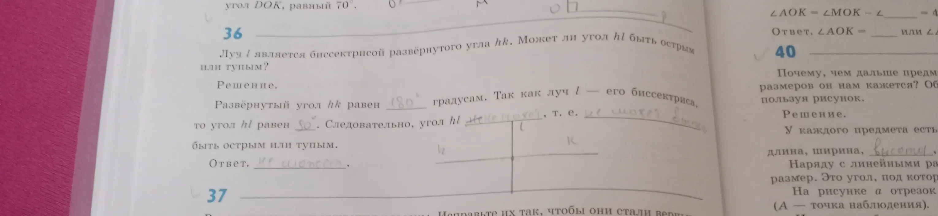 Может ли угол hl быть острым или тупым, если луч l является биссектрисой развёрнутого угла hk?