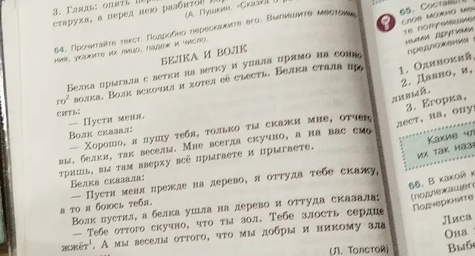 Прочитай текст "Белка и волк". Выпиши местоимения, укажи их лицо, падеж и число