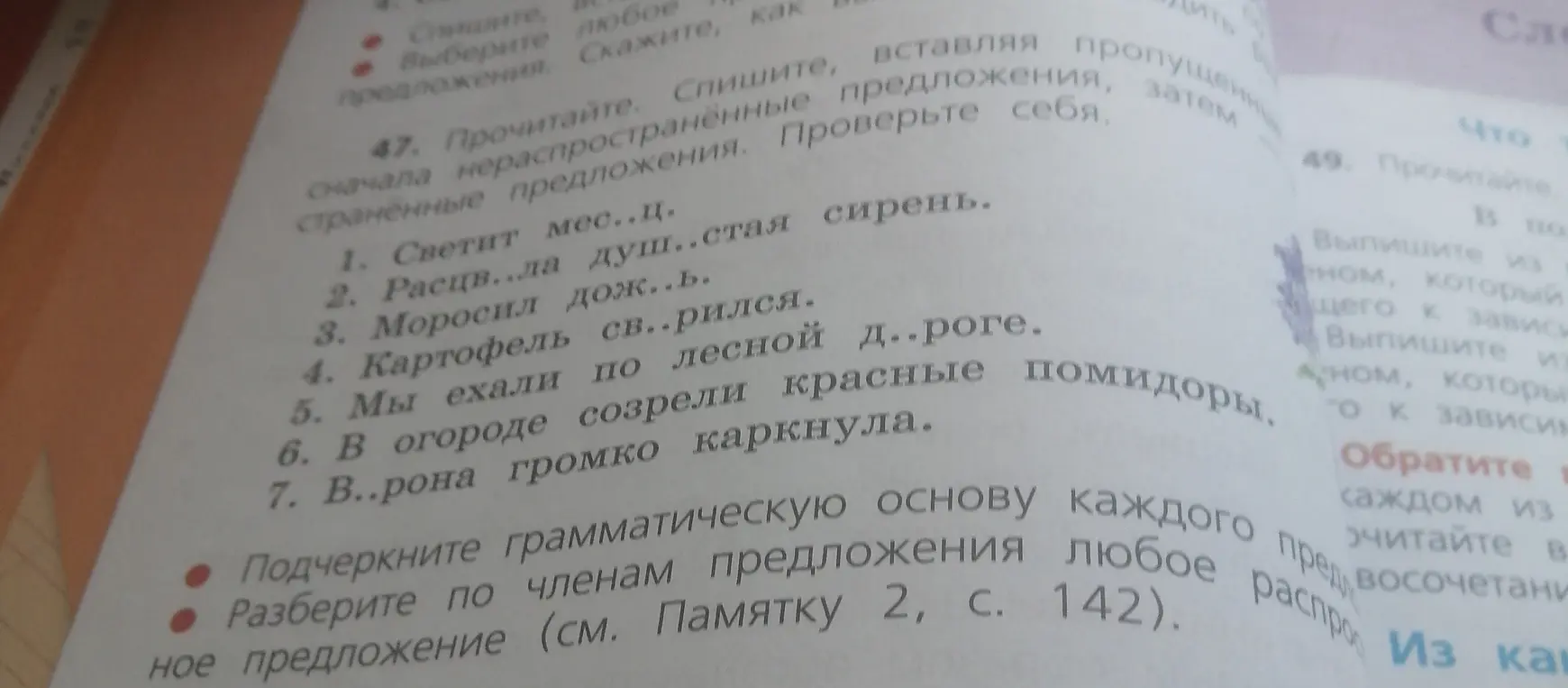 Предложи заполнить пропуски в словах в упражнении 47 и подчеркнуть грамматическую основу одного предложения.