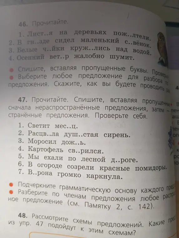 Ты просишь вставить пропущенные буквы в словах в упражнениях 46 и 47, подчеркнуть грамматическую основу каждого предложения и разобрать по членам распространенное предложение, а также определить, какие предложения из упражнения 47 подойдут к схемам.