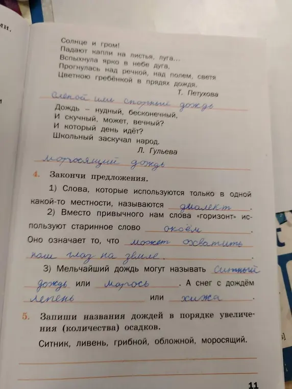Закончи предложения и запиши названия дождей в порядке увеличения количества осадков