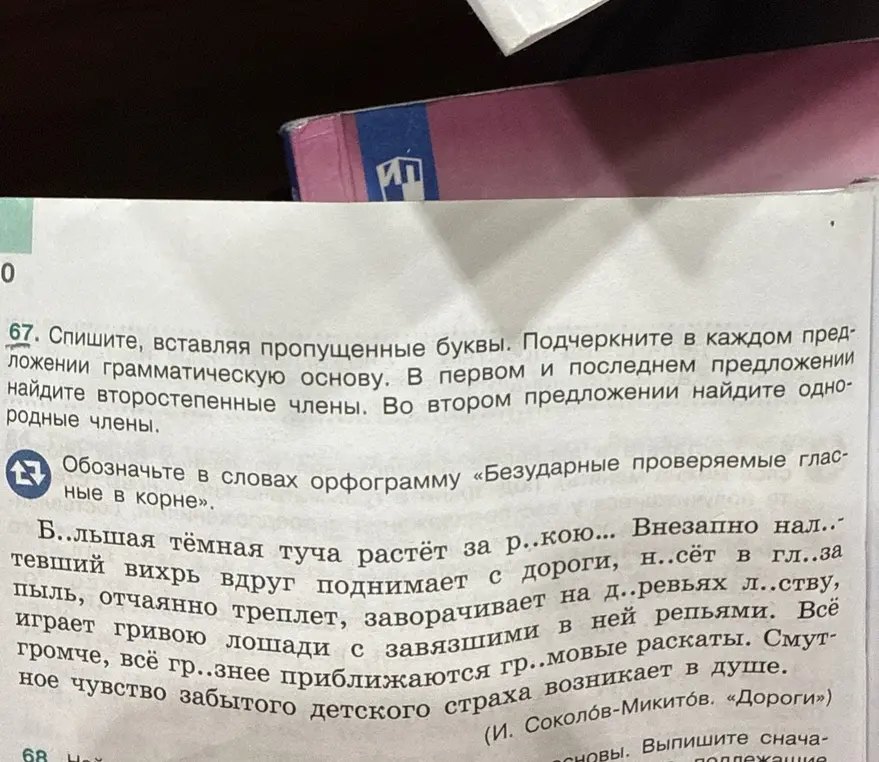Выполни упражнение: спиши текст, вставляя пропущенные буквы, подчеркни в каждом предложении грамматическую основу. В первом и последнем предложении найди второстепенные члены. Во втором предложении найди однородные члены.