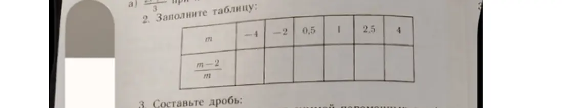 Заполни таблицу, вычислив значения выражения (m-2)/m при заданных значениях m