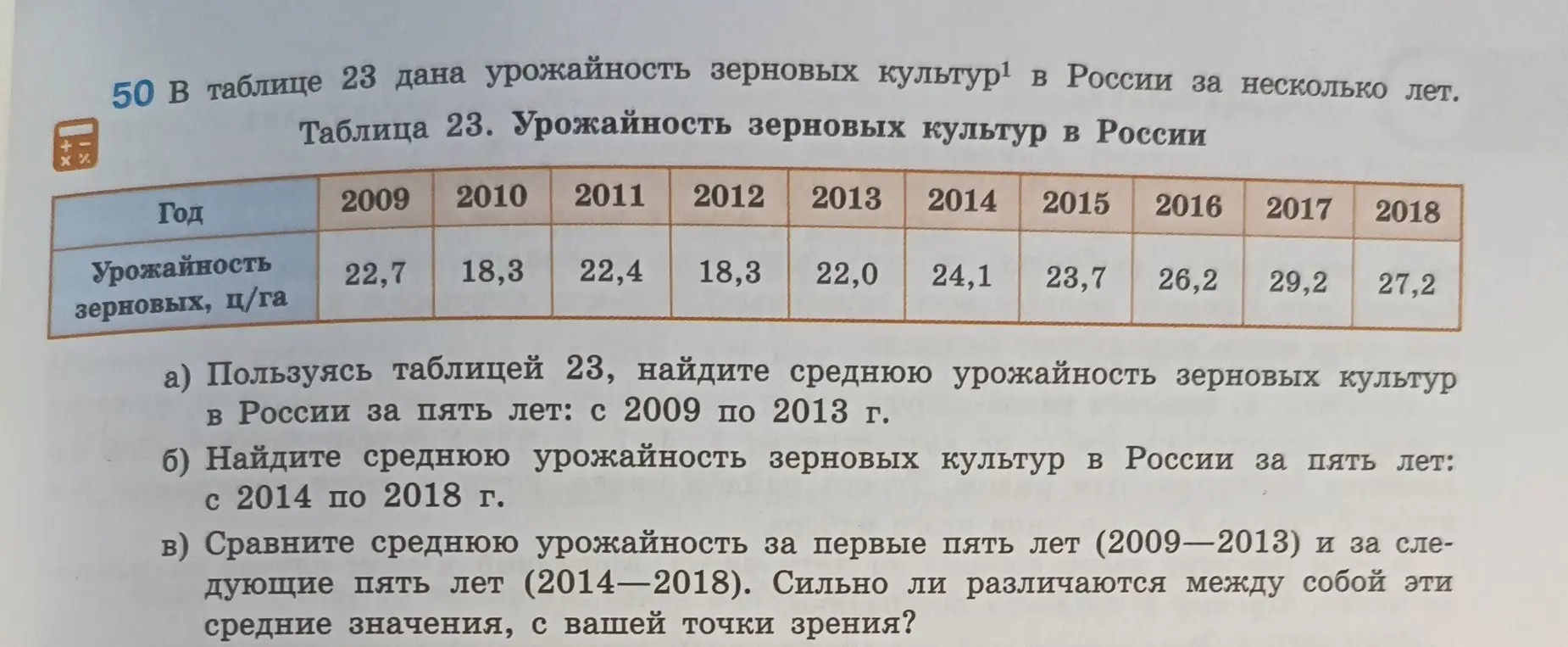 Можешь ли ты, используя таблицу, найти среднюю урожайность зерновых культур в России за пять лет: с 2009 по 2013 г.?