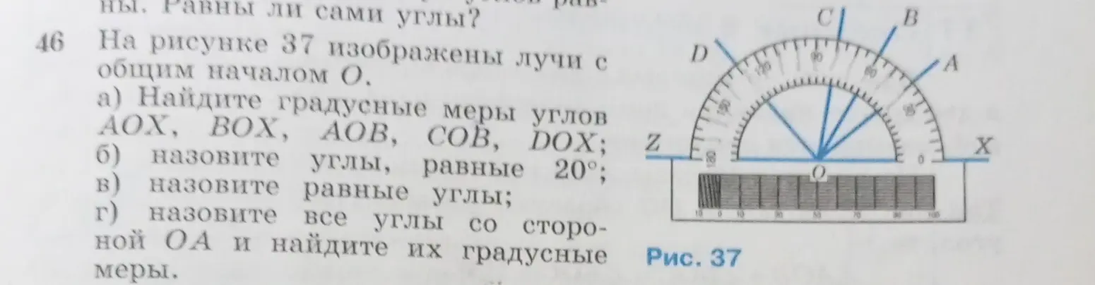 Найди градусные меры углов AOX, BOX, AOB, COB, DOX; назови углы, равные 20°; назови равные углы; назови все углы со стороной ОА и найди их градусные меры.