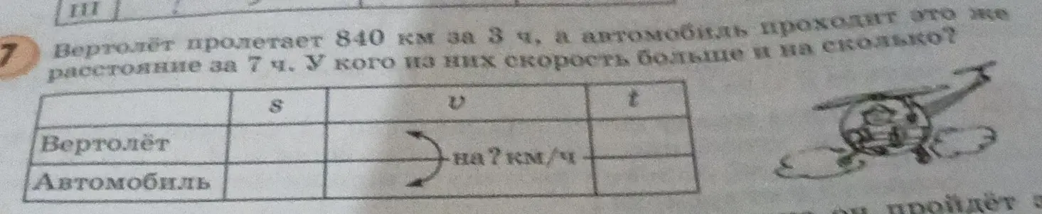 Определи, у кого из вертолёта и автомобиля скорость больше, если вертолёт пролетает 840 км за 3 ч, а автомобиль проходит это же расстояние за 7 ч.