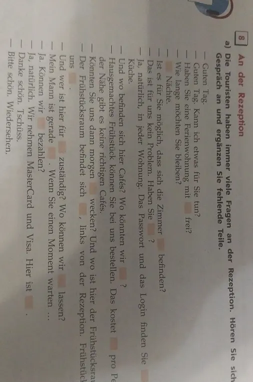 Переведи и вставь пропущенные слова в тексте на немецком языке.