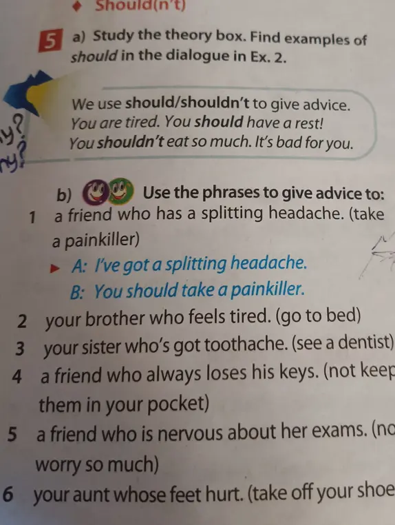 Составь советы, используя структуру 'You should/shouldn't...' для: брата, который устал; сестры, у которой болит зуб; друга, который теряет ключи; подруги, которая нервничает из-за экзаменов; тёти, у которой болят ноги.