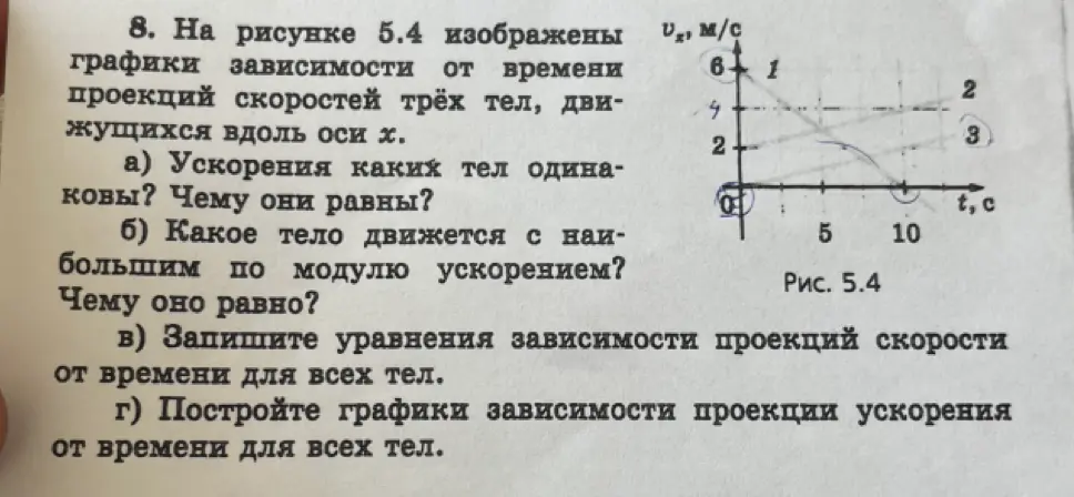 Объясни, у каких тел одинаковы ускорения и чему они равны, какое тело движется с наибольшим по модулю ускорением, чему оно равно, запиши уравнения зависимости проекций скорости от времени для всех тел, построй графики зависимости проекции ускорения от времени для всех тел.