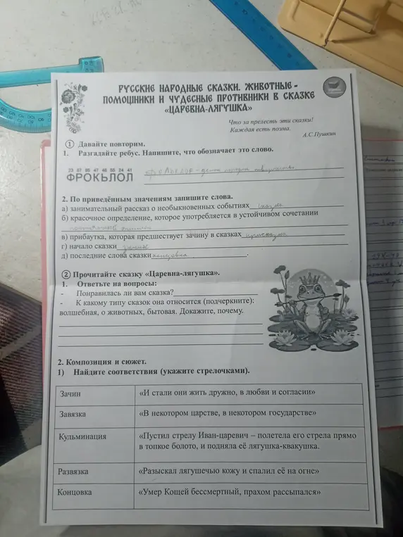 Ты просишь разгадать ребус, написать слова по значениям, ответить на вопросы и найти соответствия в сказке «Царевна-лягушка».
