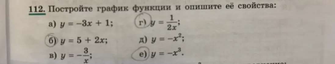 Объясни, как построить график функции и опиши её свойства в номере 112
