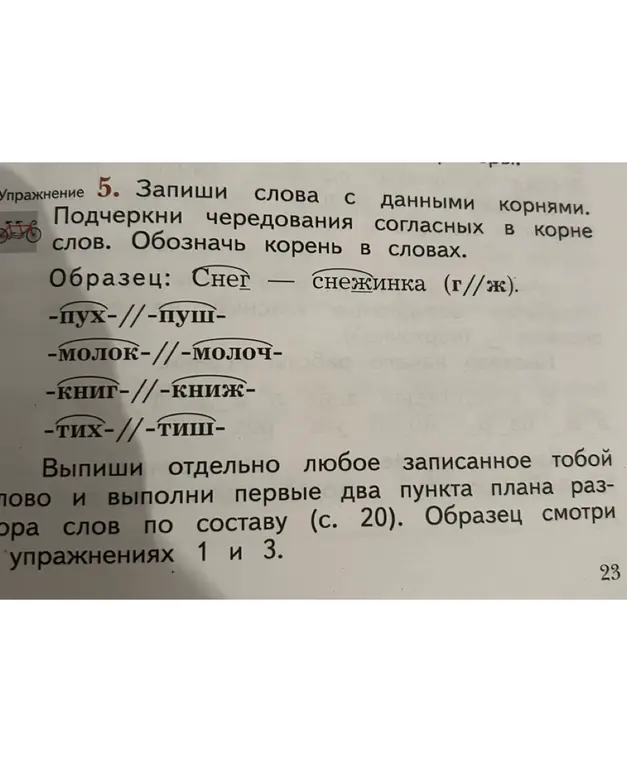 Составь слова с корнями -пух-//-пуш-, -молок-//-молоч-, -книг-//-книж-, -тих-//-тиш-, подчеркни чередования согласных в корне слов и выполни первые два пункта плана разбора слов по составу