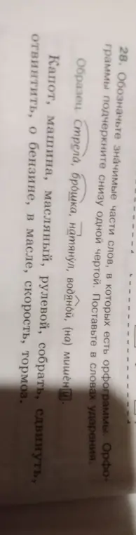 Обозначь значимые части слов, в которых есть орфограммы, из списка: Капот, машина, масляный, рулевой, собрать, сдвинуть, отвинтить, о бензине, в масле, скорость, тормоз