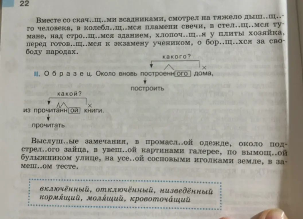 Выпиши словосочетания, построенные по схеме «причастие + существительное», объясни написание суффикса и окончания причастия.
