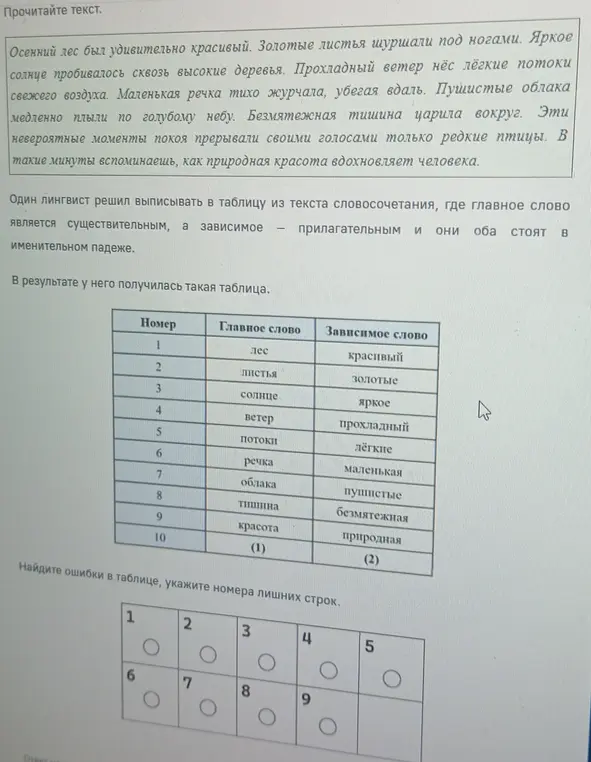 Укажи номера лишних строк в таблице, где лингвист выписывал из текста словосочетания, где главное слово - существительное, а зависимое - прилагательное.