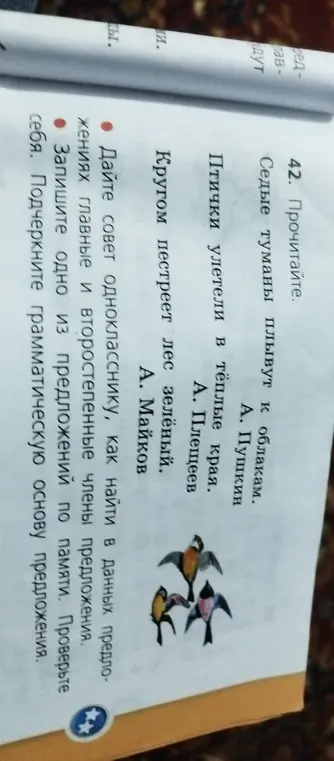 Ты просишь дать совет однокласснику, как найти в предложениях главные и второстепенные члены, а также записать одно предложение по памяти и подчеркнуть грамматическую основу.