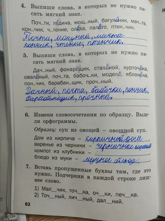 Выполни упражнения: выпиши слова, в которых не нужно писать мягкий знак; измени словосочетания по образцу; вставь пропущенные буквы.